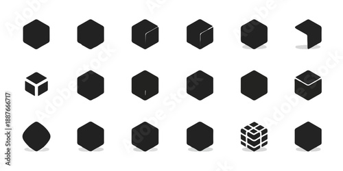 Zestaw czarnych ikon sześciennych i heksagonalnych kształtów 3D na białym tle, idealny do projektowania.