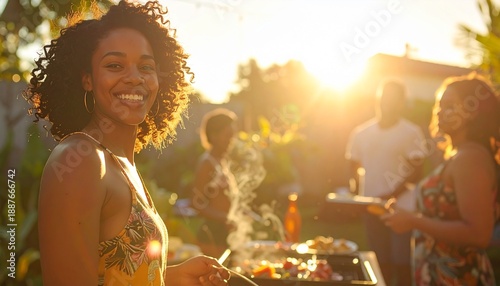 Happy smiling woman at a summer barbeque with friends in the background enjoying food and sunshine