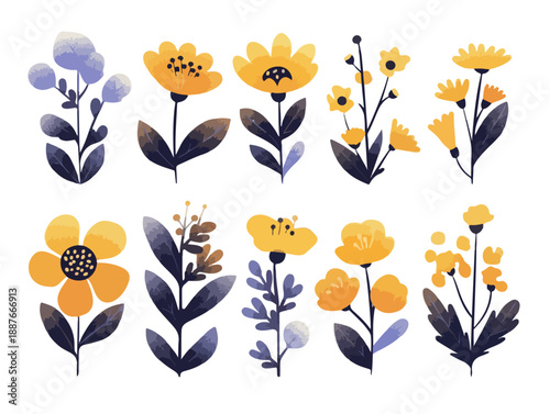Zestaw ręcznie rysowanych, akwarelowych, żółtych kwiatów polnych z ciemnymi liśćmi, izolowanych na przezroczystym tle.