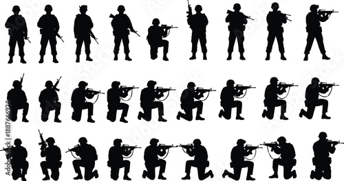 Military combat soldier silhouettes set showing armed troops aiming, kneeling and standing in tactical positions, black figures isolated on white background