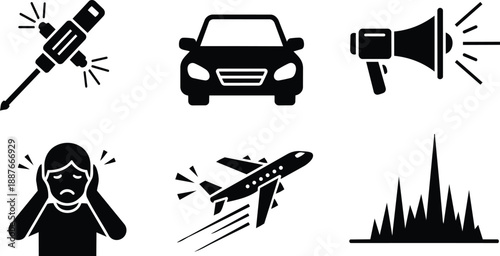 Flat design bold black noise icons set showing jackhammer car megaphone airplane person covering ears rising soundwave bars front view simple vector symbols clean minimal graphic