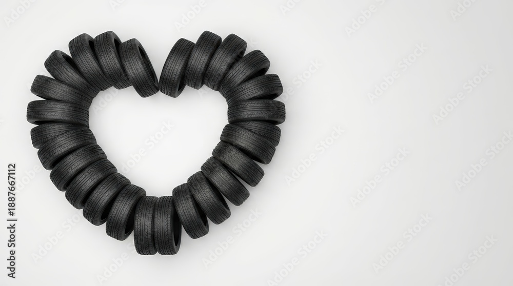 Obraz premium car tires arranged in heart shape on white background. ideally suited for promotional campaigns for automotive workshops or service centers around occasions such as Valentine’s Day