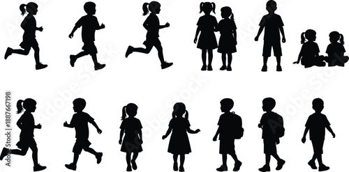 Children silhouettes set showing boys and girls running, walking, standing and sitting, isolated black kid figures on white background