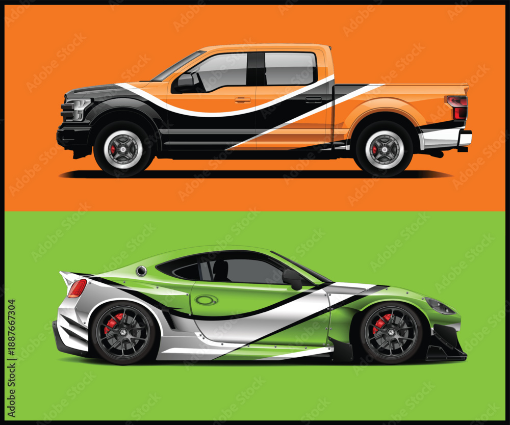 Fototapeta premium Stylized orange and green sports cars displayed prominently