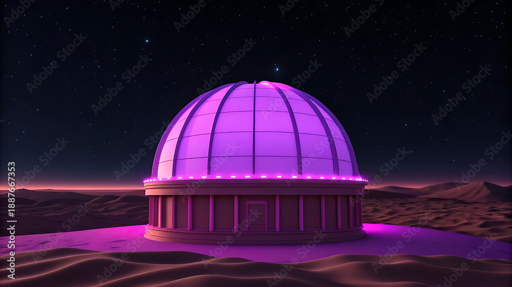 Fototapeta premium Futuristic observatory dome glowing neon purple in desert landscape