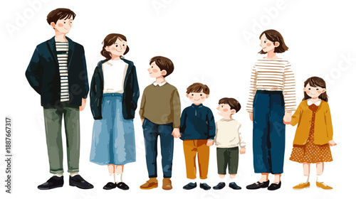 다양한 연령대의 행복한 가족 구성원들이 함께 서 있는 모습