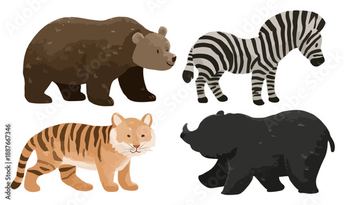 귀여운 곰, 얼룩말, 호랑이, 코뿔소 캐릭터 일러스트, 투명 배경에 분리된 동물 컬렉션