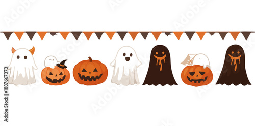 Urocza dekoracja halloweenowa z duchami, dyniami Jack-o'-lantern i girlandą na przezroczystym tle.