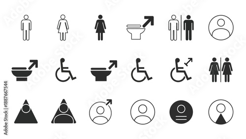 Collection of restroom and accessibility signs.