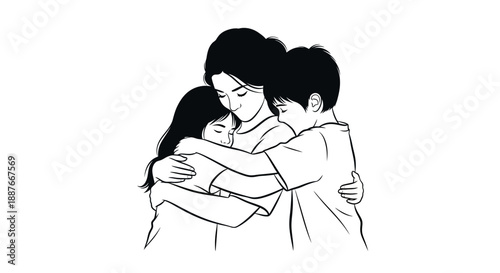 Mother hugging her two children with love and tenderness.