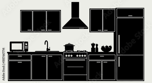 Modern Kitchen Silhouette Design with Appliances and Cabinets.
