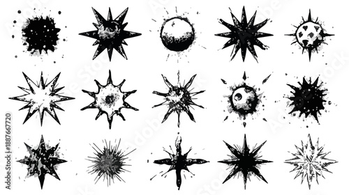 Zestaw ręcznie rysowanych, czarnych symboli wybuchów, gwiazd i rozbłysków z przezroczystym tłem.