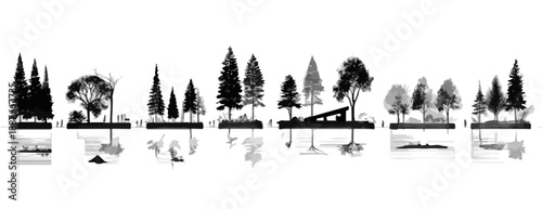 다양한 종류의 나무 실루엣과 물에 비친 반영이 투명한 배경에 그려져 있습니다.