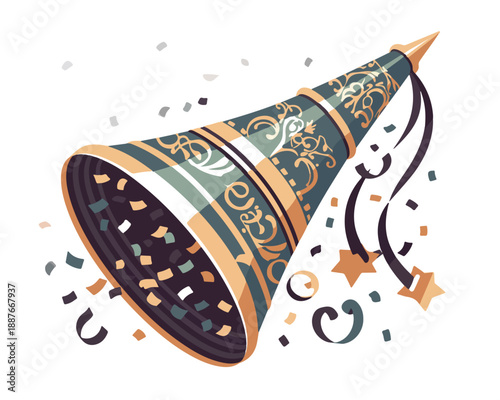 Elegancki, złoto-zielony trąbka imprezowa z konfetti i serpentyną na przezroczystym tle.