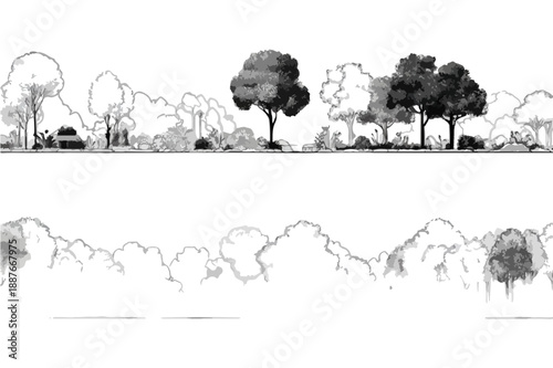 다양한 나무와 숲의 윤곽선 일러스트, 투명한 배경에 자연의 아름다움을 담은 스케치