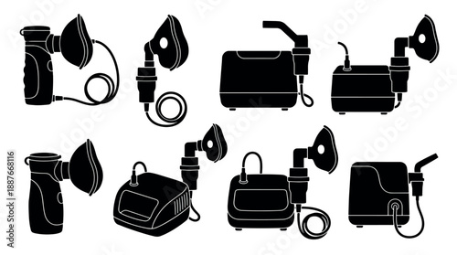 Collection of Nebulizer Silhouettes for Medical Use.