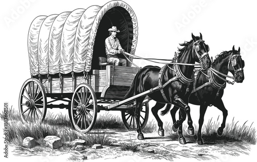 Vintage Covered Wagon Vector Illustration Featuring A Pioneer Driver And Two Horses On Dusty Trail