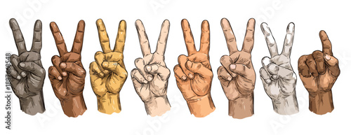 Różnorodność gestów ręki 'V' symbolizujących pokój i zwycięstwo na przezroczystym tle.