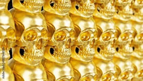 Rows of golden metal skulls background. 3D rendered luxury horror pattern.