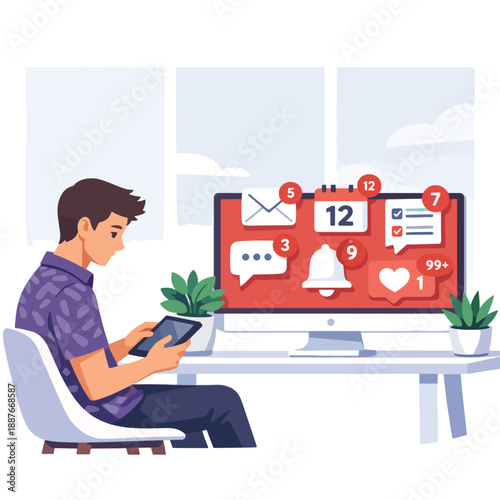 Man overwhelmed by digital notifications while working on a tablet at his desk