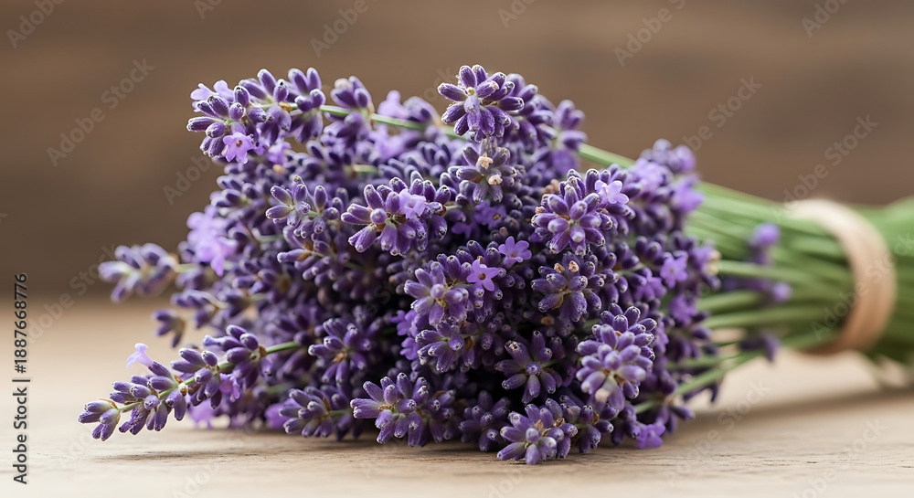 Fototapeta premium A Rustic Bundle of Fresh Lavender Flowers Tied with a String on a Wooden Surface
