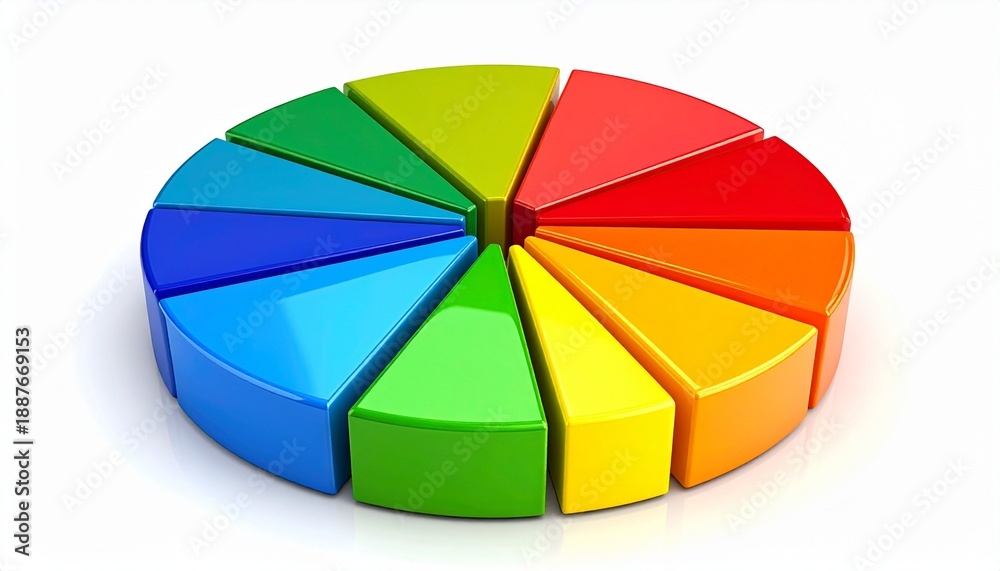 Obraz premium 3D rainbow pie chart with 16 colorful segments in circular gradient pattern on dark background.