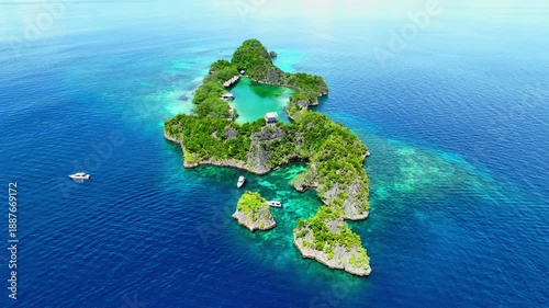 Aerial top view of landscape scene with Raja Ampat Islands, Indonesian archipelago, West Papua, Indonesia