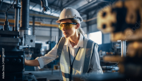 Female engineer inspecting industrial machine, manufacturing quality assurance concept