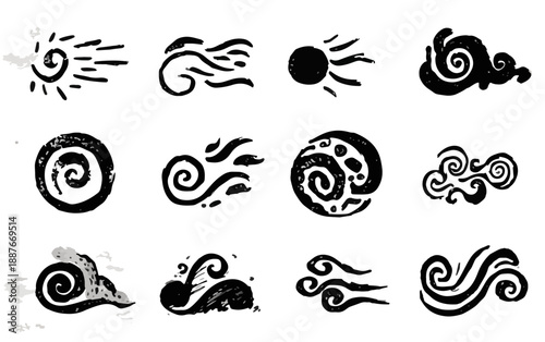 다양한 날씨와 자연 현상을 표현한 손그림 아이콘 세트, 투명한 배경에 검은색으로 그려짐