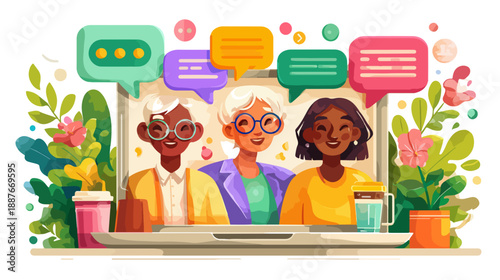 Trzy uśmiechnięte seniorki rozmawiające online na tle roślinności, koncepcja spotkania cyfrowego.