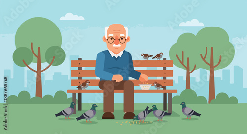 Elderly Man Feeding Pigeons and Sparrows in a Park
