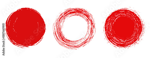 세 개의 붉은색 원형 그래픽 요소: 붓 터치 질감의 솔리드 원, 링, 솔리드 원.