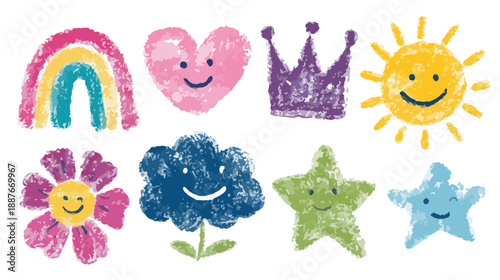 밝고 다채로운 크레용 스타일의 그림 모음: 무지개, 하트, 왕관, 태양, 꽃, 구름, 별