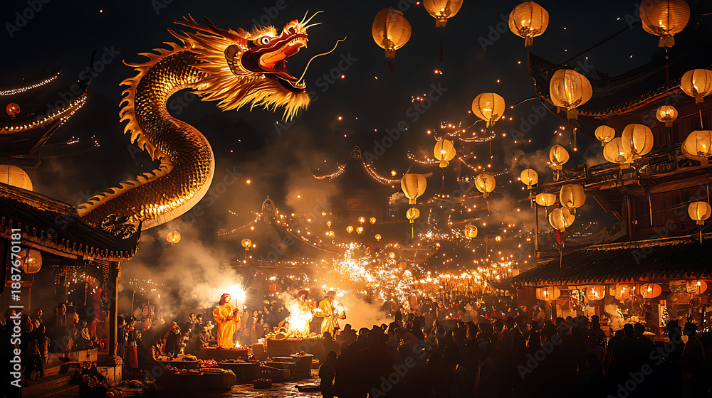 Fototapeta premium Vibrant night festival features a majestic golden dragon, glowing lanterns, enthusiastic crowds celebrating rich cultural traditions amid ancient architecture