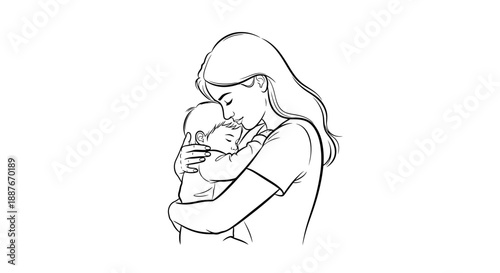 Mother holding her baby with love and tenderness sketch.