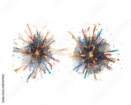 두 개의 폭발적인 물체가 흰색 배경에서 밝게 빛나는 모습, 투명한 효과와 함께 역동적인 에너지를 표현합니다.