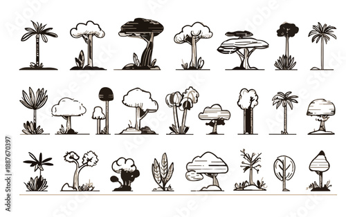 다양한 스타일의 손으로 그린 나무 아이콘 모음, 투명 배경에 깔끔하게 분리된 일러스트