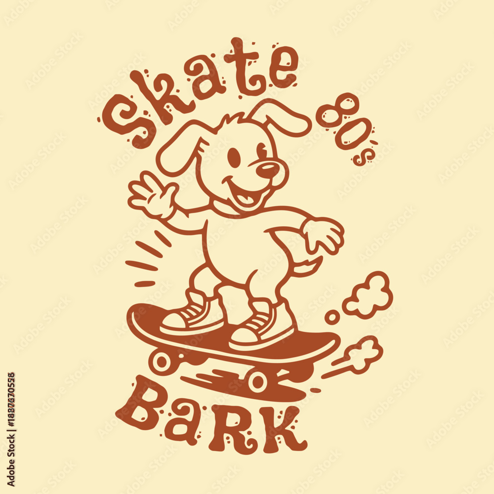 Fototapeta premium Cute cartoon dog skateboarding in 80s style.