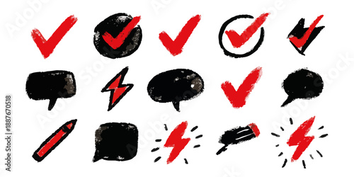빨간색 체크 표시, 말풍선, 번개 모양, 연필 아이콘이 포함된 손으로 그린 그래픽 디자인 요소 모음