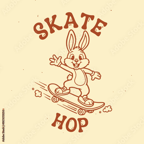 Cute cartoon bunny rabbit character riding a skateboard with text Skate Hop.