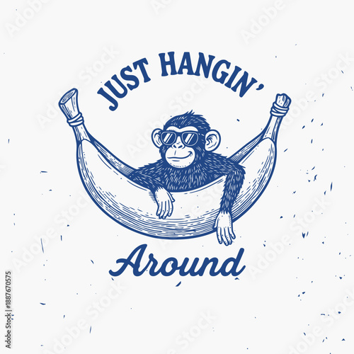 Cool Monkey Relaxing in Banana Hammock with Sunglasses and Just Hangin Around Text.