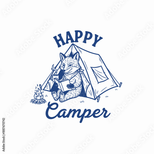 Happy Camper Fox Reading Book by Campfire in Tent.