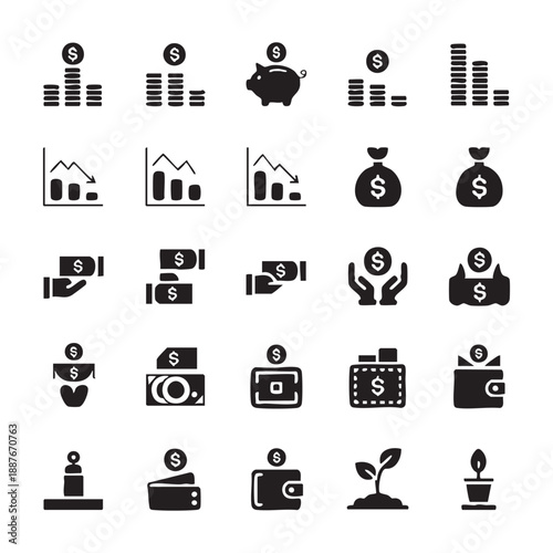Collection of black and white financial depicting coins money bags and growth