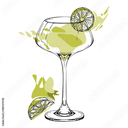 Vector Margarita, citrus daiquiri cocktail in coupe glass with lime wheel, limoncello liqueur. Hand drawn ink outlines. Fresh smooth gradients. Ideal for festive branding, summer menus, pattern kits.