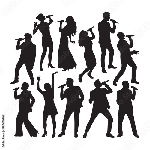 Collection of black silhouettes of singers performing with microphones on white background