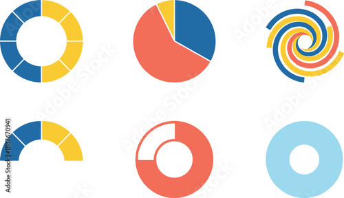 Abstract infographic chart set vector with donut pie spiral diagrams for data visualization analytics and business presentation isolated