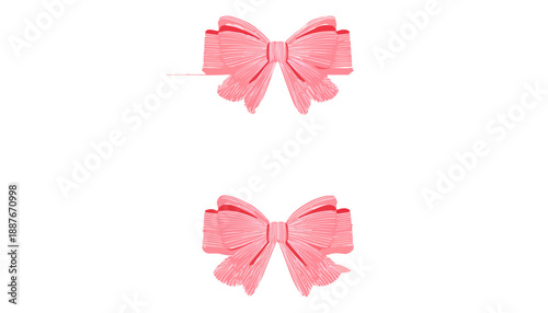 두 개의 반짝이는 핑크색 리본이 흰색 배경에 투명하게 떠 있는 모습, 축하와 선물을 위한 장식