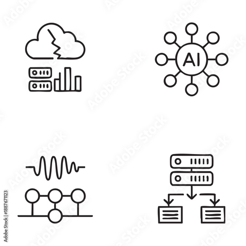Four hand drawn representing data cloud server A I and workflow
