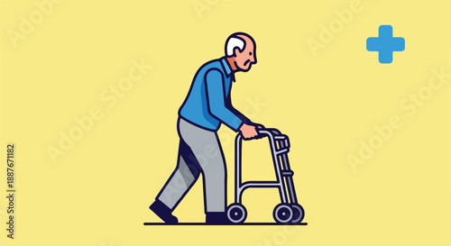 Elderly Man with Walker and Medical Cross on Yellow Background