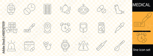 Medical healthcare line icon set. Vector pictograms of stethoscope, thermometer, syringe, pill, medicine, emergency, cross, heart, blood test, ambulance, bed, telehealth, thin linear illustration